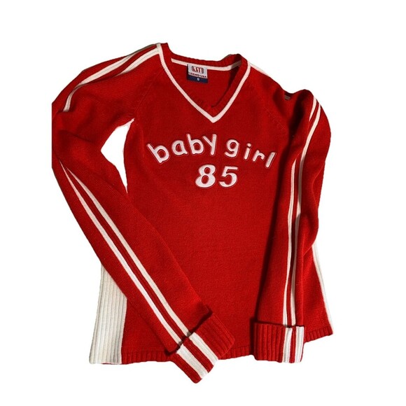 Vintage Women’s’s size Small Varsity Stretchy “baby girl” Knit Sweater V neck - Picture 4 of 6